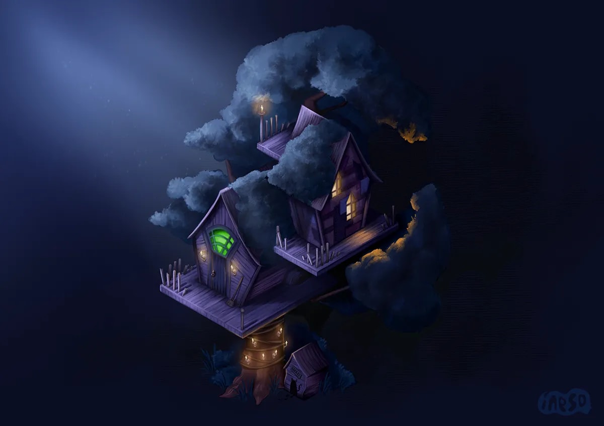 Ilustración de una casa del árbol iluminada de noche, de Inés Pérez Carrillo, alumna de Ilustración y Animación 2D en TRAZOS