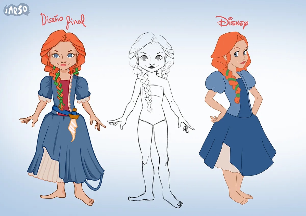 Rediseño de un personaje femenino pelirrojo comparado con su versión Disney, de Inés Pérez Carrillo, alumna de Ilustración y Animación 2D en TRAZOS