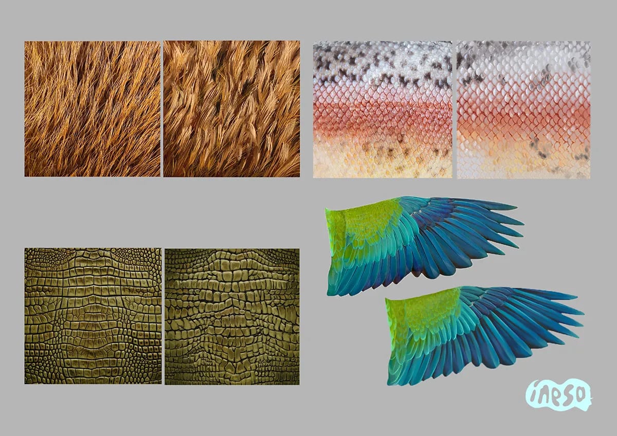 Estudio de texturas de plumas, escamas y alas para diseño de criatura, de Inés Pérez Carrillo, alumna de Ilustración y Animación 2D en TRAZOS