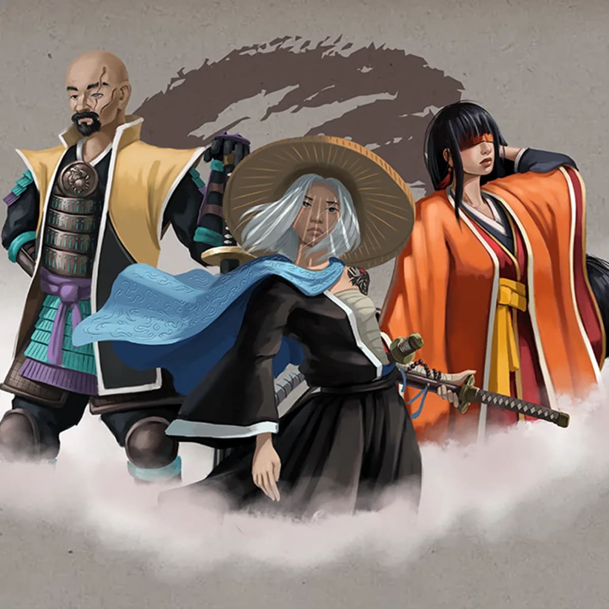 Concept art de los personajes samurái del proyecto Peregrinos de la Tierra Esmeralda posando juntos, de Aimar Rodríguez Soto, alumno de Concept Art en TRAZOS