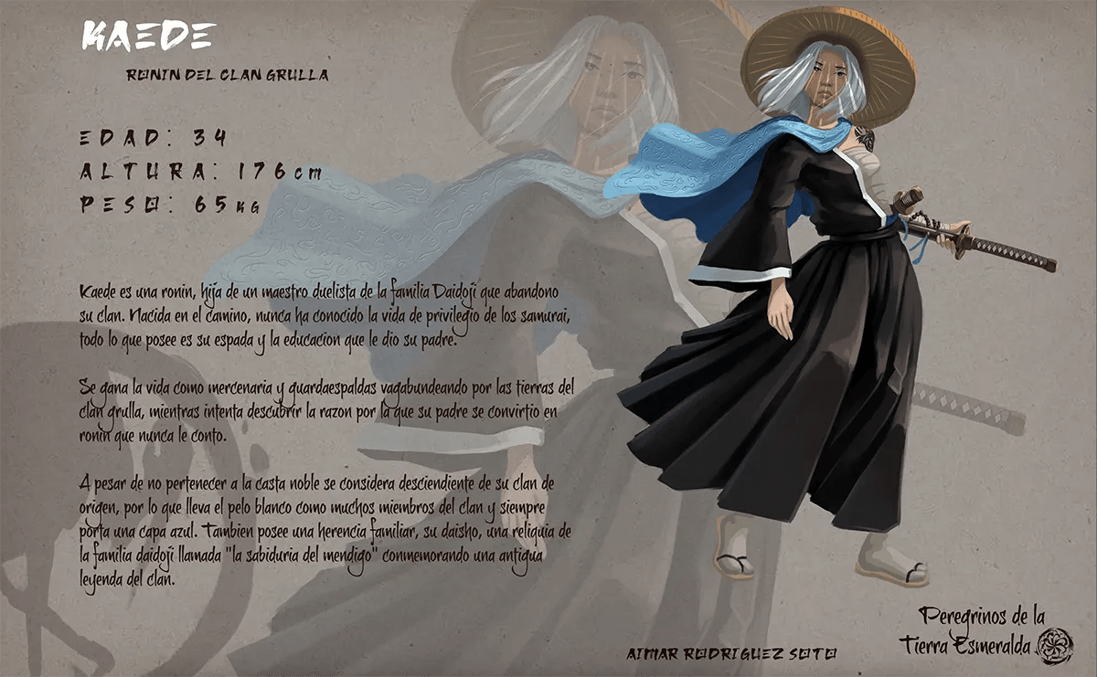 Concept art de la ficha del personaje Maede, una guerrera de pelo blanco con capa azul y katana, de Aimar Rodríguez Soto, alumno de Concept Art en TRAZOS