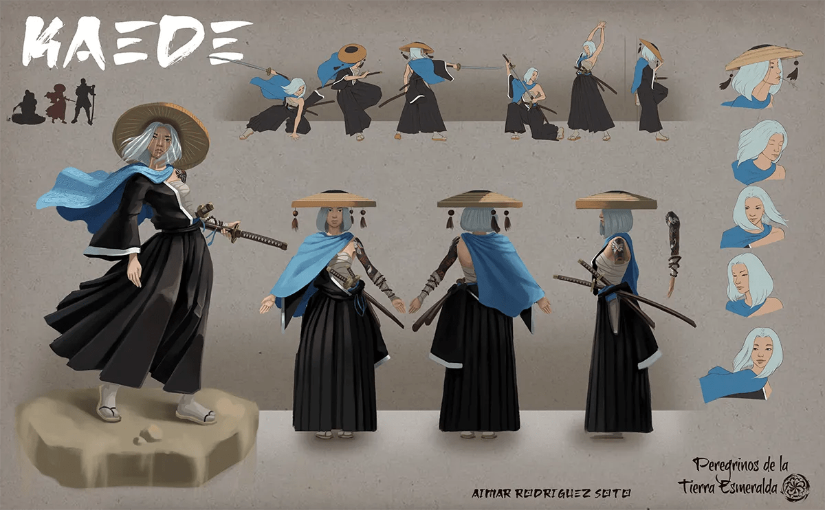 Concept art de una hoja de poses y expresiones de la guerrera Maede con capa azul, de Aimar Rodríguez Soto, alumno de Concept Art en TRAZOS