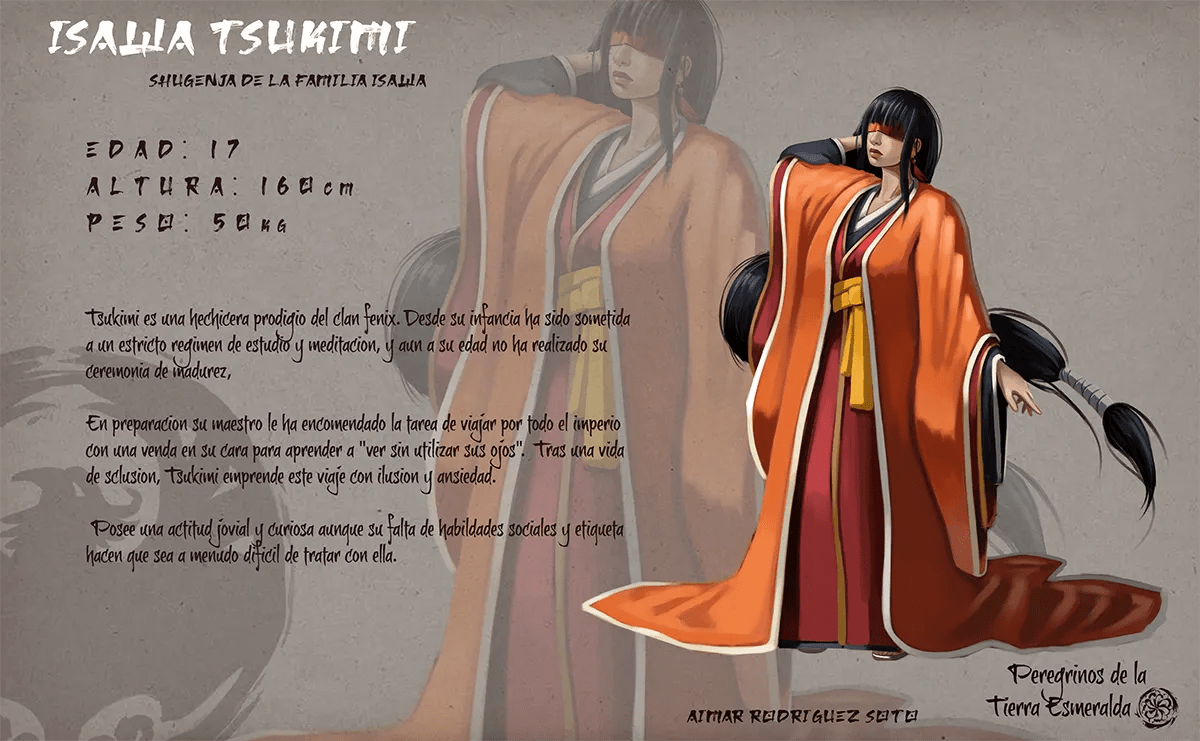 Concept art de la ficha del personaje Isaura Tsukimi con kimono naranja, de Aimar Rodríguez Soto, alumno de Concept Art en TRAZOS