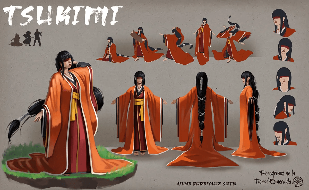 Concept art de una hoja de vestuario y poses del personaje Tsukimi con kimono naranja, de Aimar Rodríguez Soto, alumno de Concept Art en TRAZOS