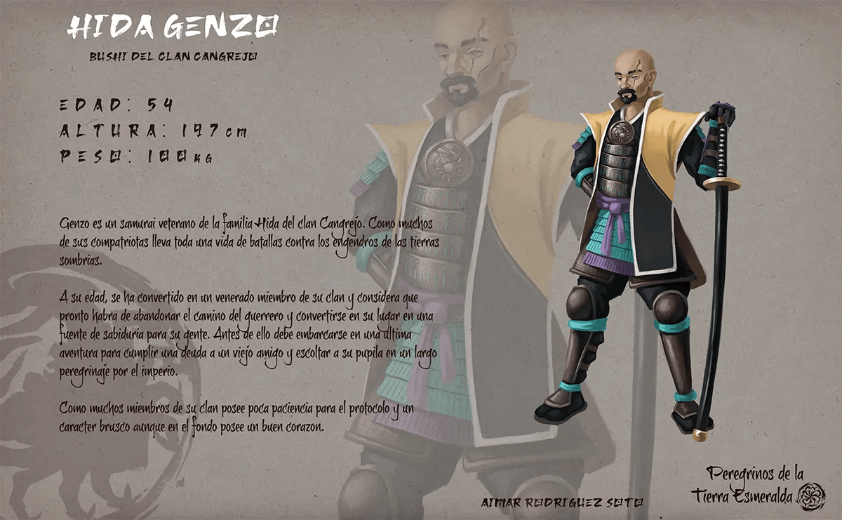 Concept art de la ficha del personaje Genzo, un guerrero veterano con armadura, de Aimar Rodríguez Soto, alumno de Concept Art en TRAZOS