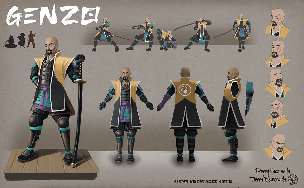Concept art de una hoja de poses y expresiones del guerrero Genzo, de Aimar Rodríguez Soto, alumno de Concept Art en TRAZOS