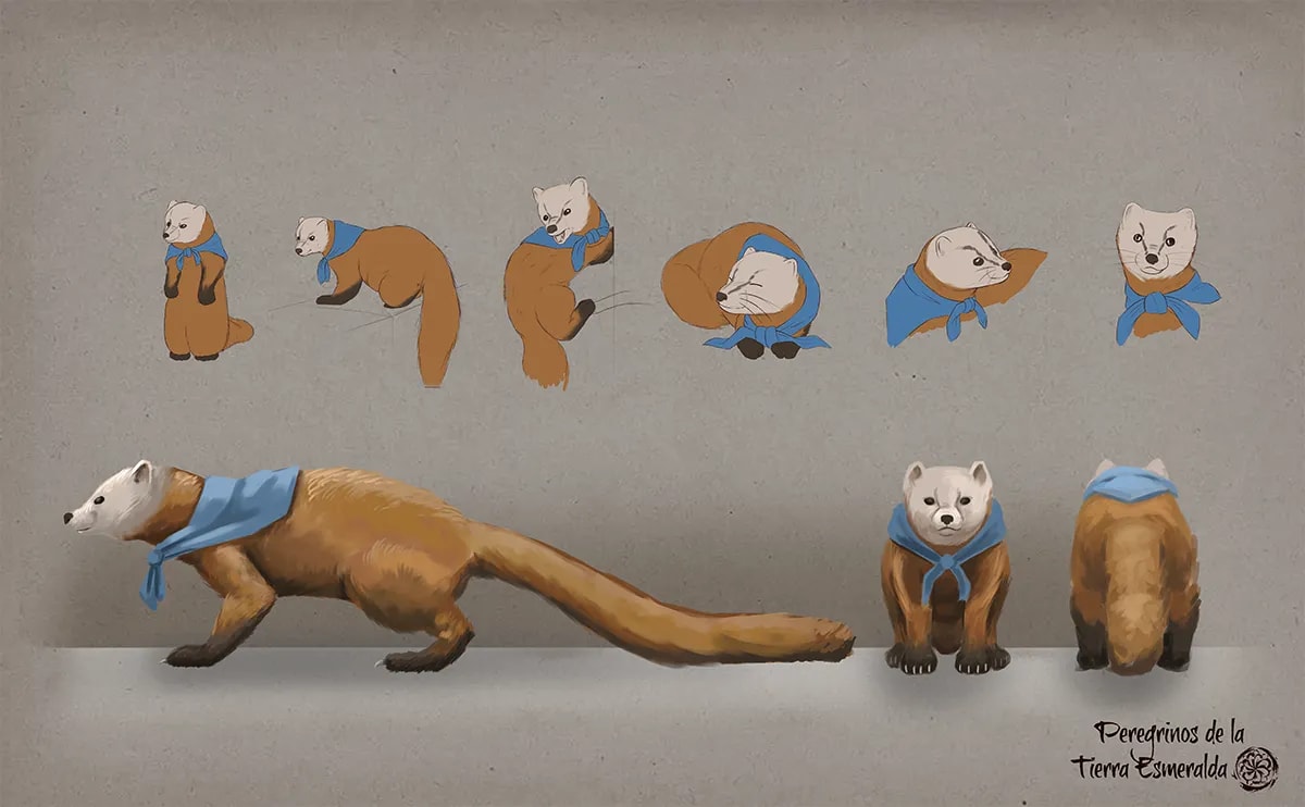 Concept art de el diseño de un compañero animal tipo armiño en distintas poses, de Aimar Rodríguez Soto, alumno de Concept Art en TRAZOS