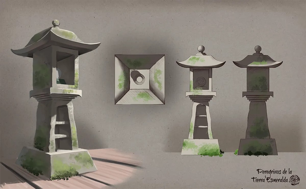 Concept art de el diseño de props de linternas de piedra japonesas, de Aimar Rodríguez Soto, alumno de Concept Art en TRAZOS