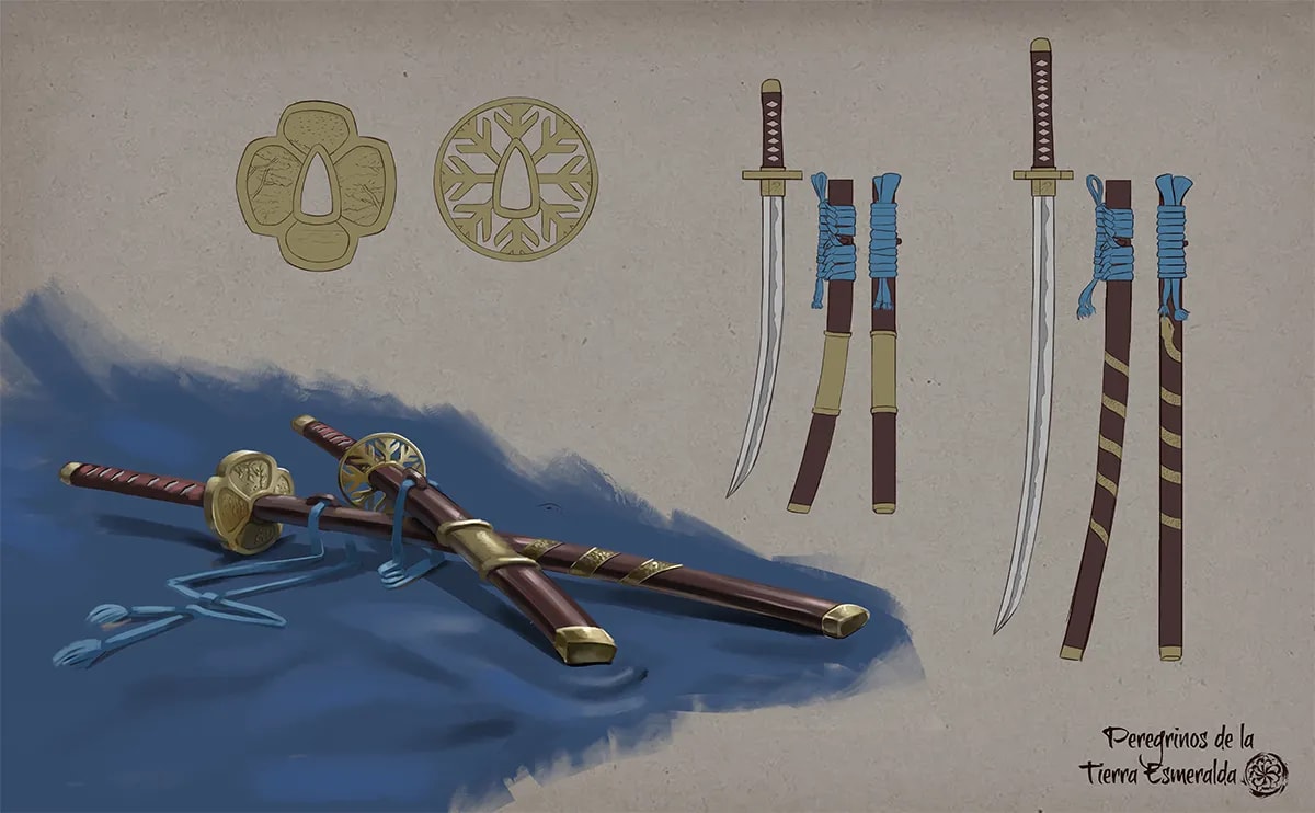 Concept art de el diseño de katanas y guardas tsuba, de Aimar Rodríguez Soto, alumno de Concept Art en TRAZOS