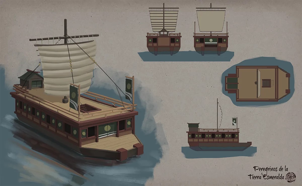 Concept art de el diseño de embarcaciones y barcos japoneses, de Aimar Rodríguez Soto, alumno de Concept Art en TRAZOS