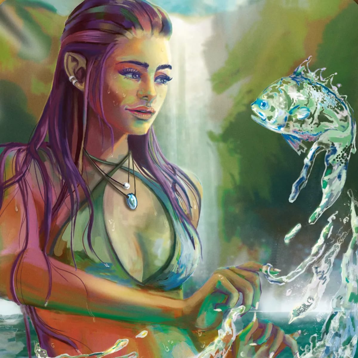 Ilustración de una ninfa del agua junto a una cascada conjurando un pez de agua, de Javier Rubio Pérez, alumno de Ilustración y Animación 2D en TRAZOS