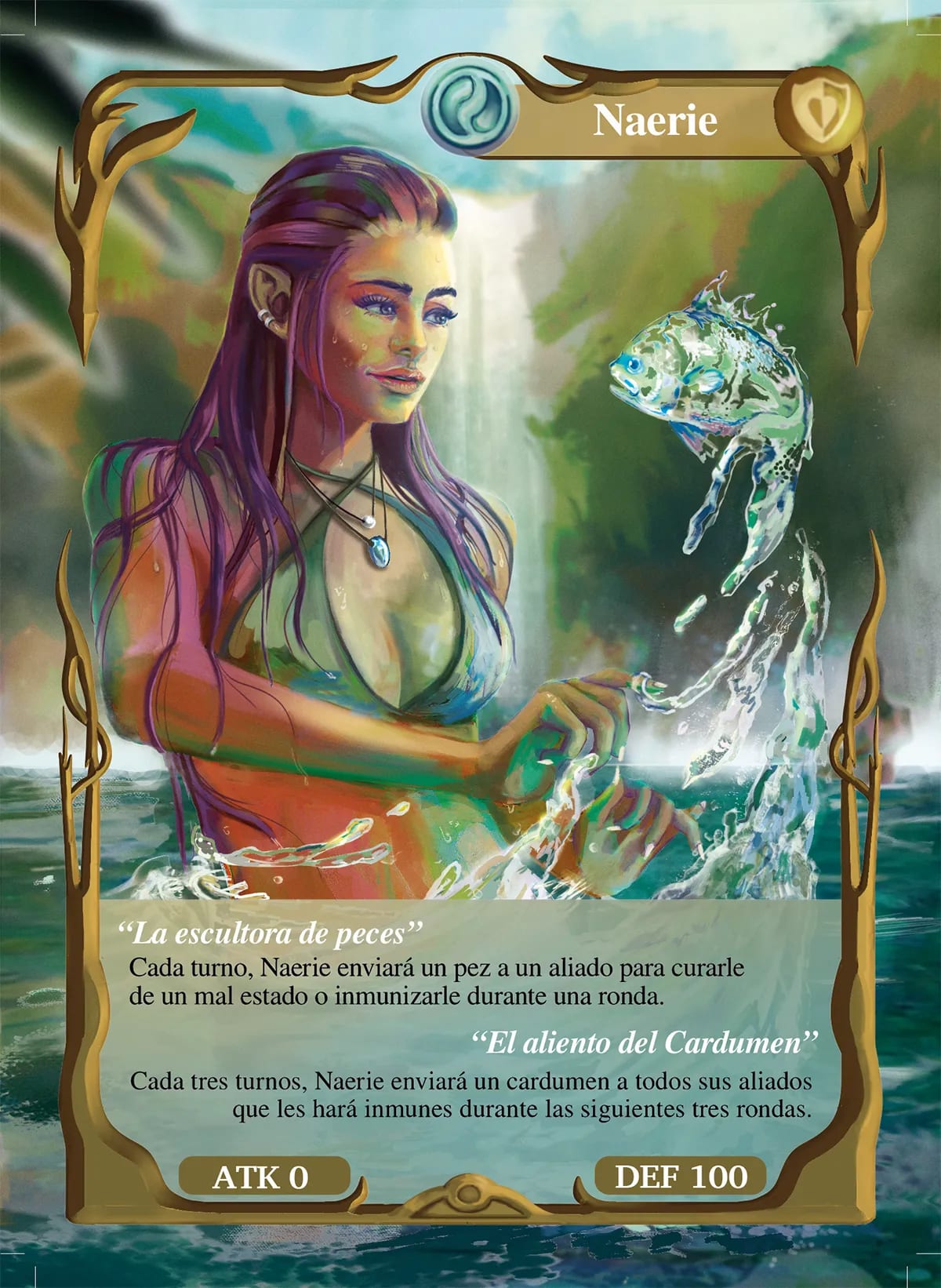 Ilustración del personaje Naerie como carta coleccionable, la escultora de peces, de Javier Rubio Pérez, alumno de Ilustración y Animación 2D en TRAZOS