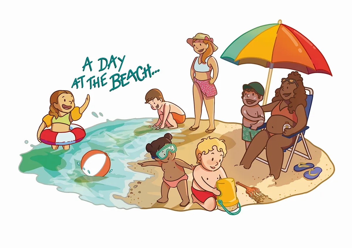 Ilustración infantil de una familia y niños en un día en la playa, de Javier Rubio Pérez, alumno de Ilustración y Animación 2D en TRAZOS