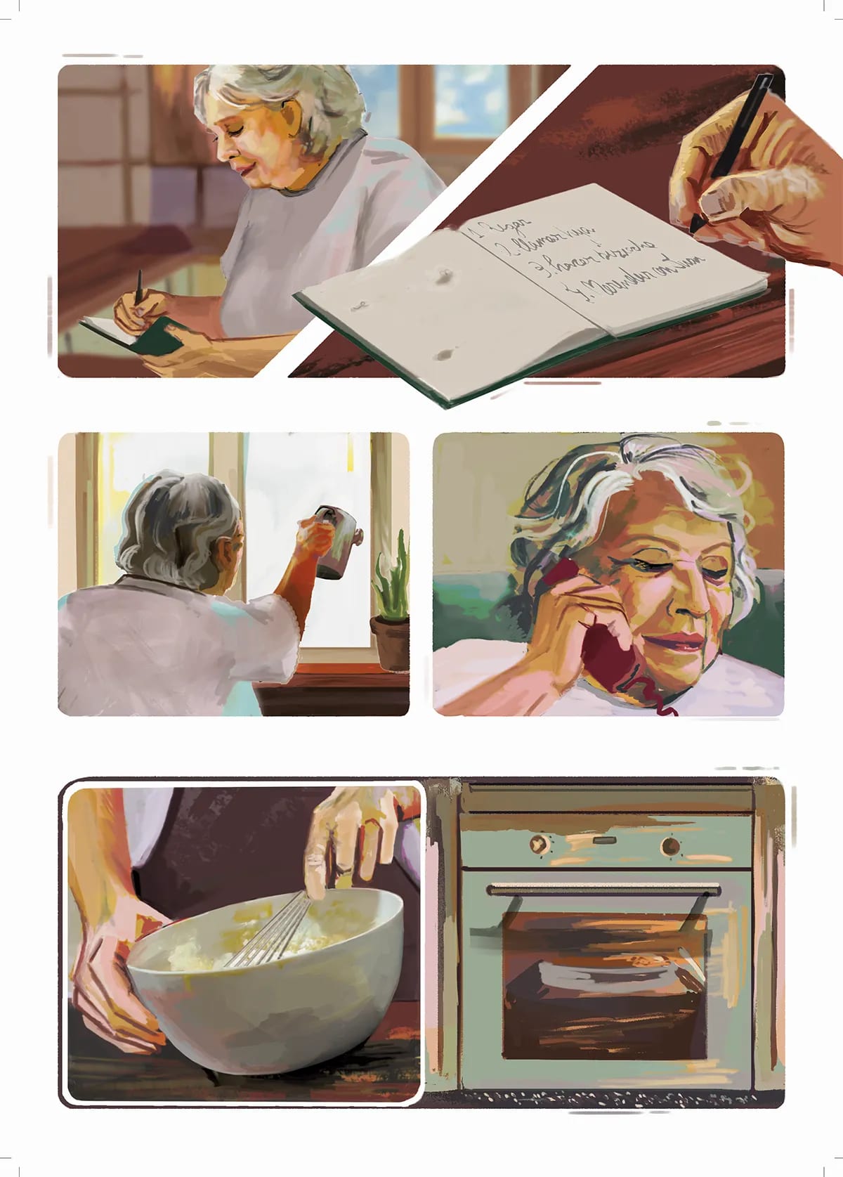 Página de cómic de una anciana escribiendo una lista, limpiando y cocinando, de Javier Rubio Pérez, alumno de Ilustración y Animación 2D en TRAZOS