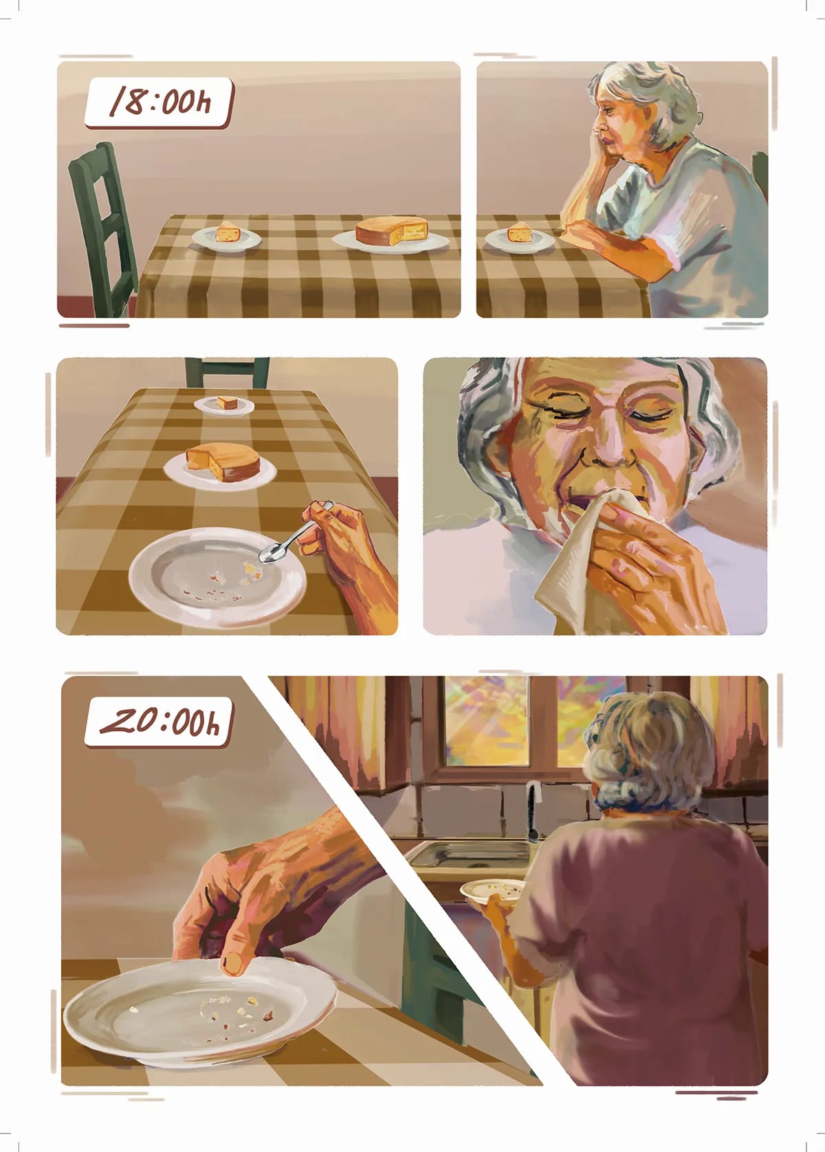 Página de cómic de una anciana cenando sola a las 18 y 20 horas, de Javier Rubio Pérez, alumno de Ilustración y Animación 2D en TRAZOS