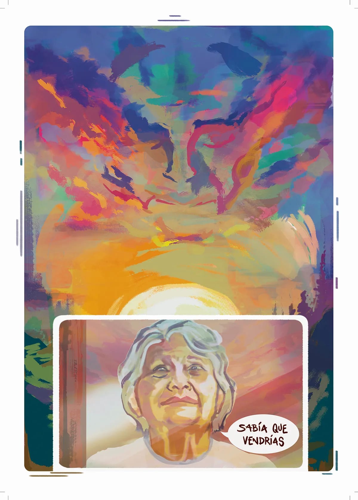 Página final de cómic con una anciana entre nubes de colores y el texto sabía que vendrías, de Javier Rubio Pérez, alumno de Ilustración y Animación 2D en TRAZOS
