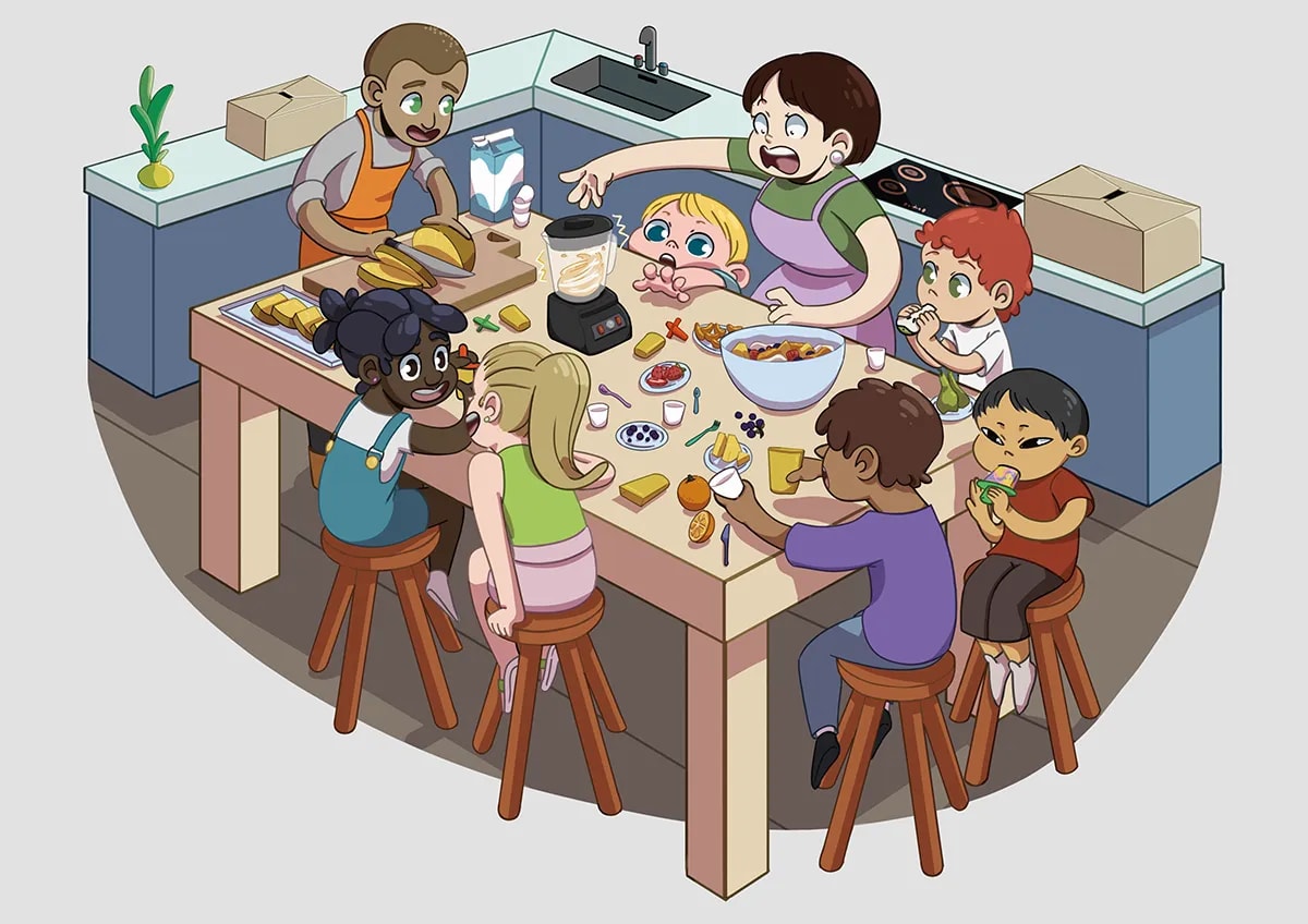 Ilustración isométrica de una familia con niños desayunando alrededor de una mesa en una cocina, de Daniela Pérez, alumna de Ilustración y Animación 2D en TRAZOS