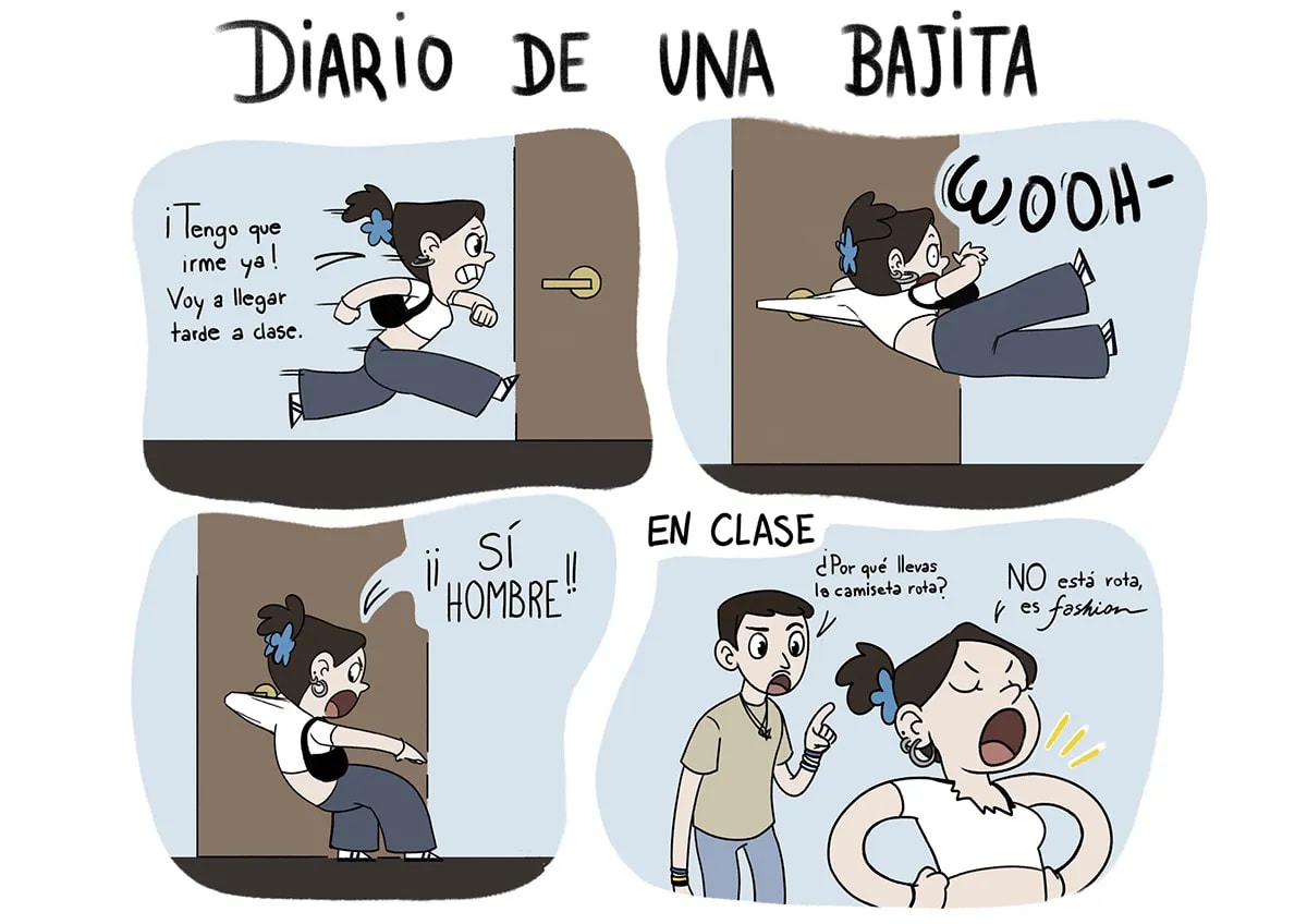 Página de cómic Diario de una bajita con una chica que corre y discute por una camiseta rota, de Daniela Pérez, alumna de Ilustración y Animación 2D en TRAZOS