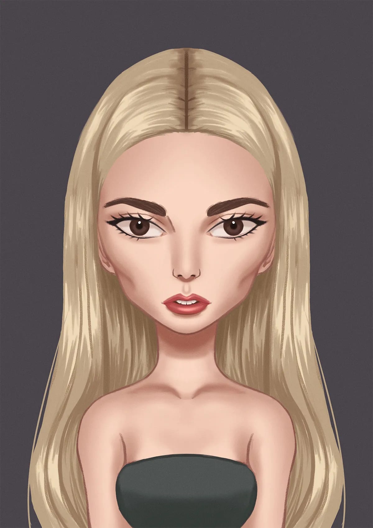 Retrato ilustrado en detalle de una mujer rubia de pelo largo y ojos marrones, de Alba González, alumna de Ilustración y Animación 2D en TRAZOS