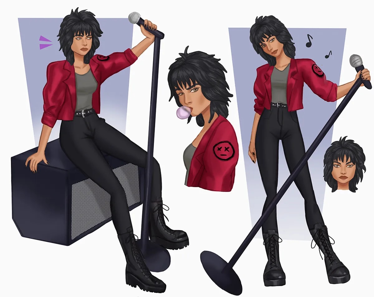 Hoja de personaje de una cantante de rock con chaqueta roja y micrófono en varias poses, de Alba González, alumna de Ilustración y Animación 2D en TRAZOS
