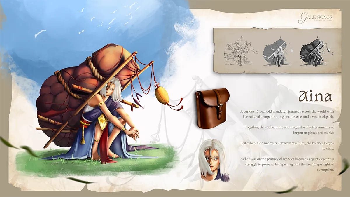 Hoja de diseño del personaje Aina, una joven viajera con una tortuga gigante y una gran mochila, del proyecto Gale Songs, de Tania Bermúdez, alumna de Ilustración y Animación 2D en TRAZOS