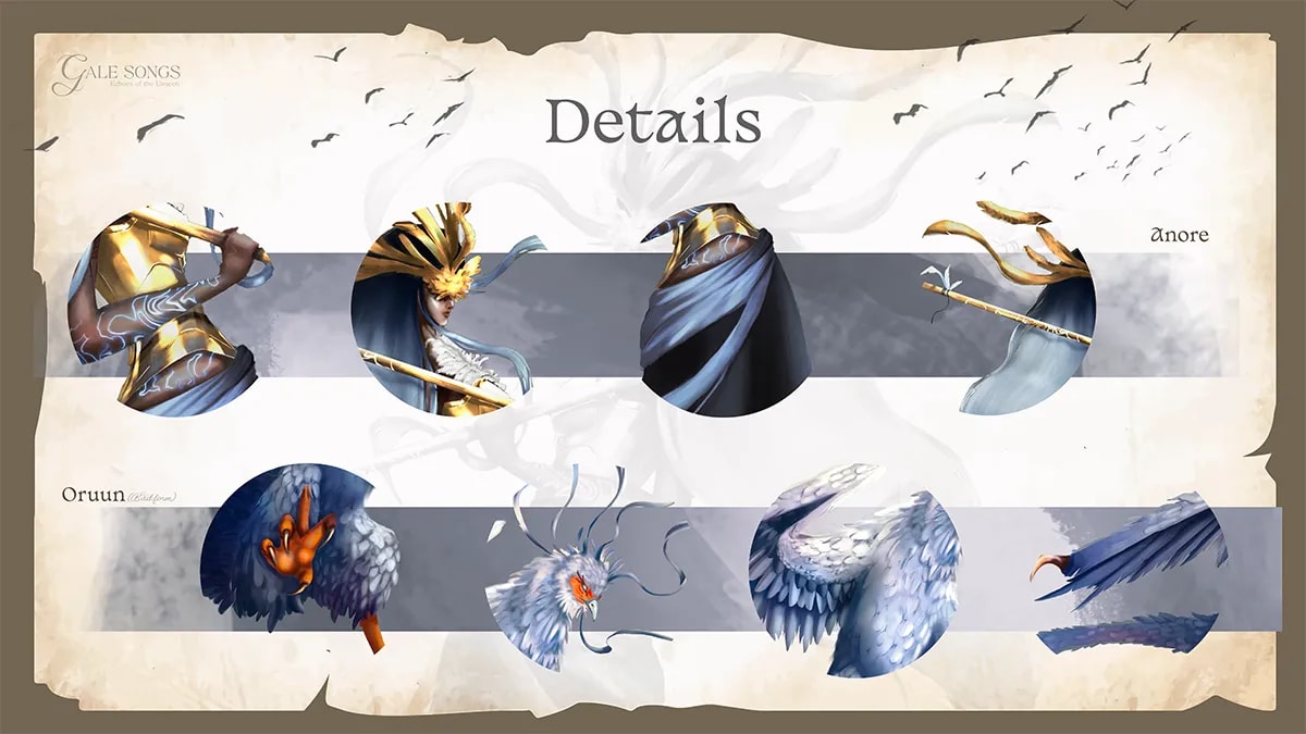 Hoja de detalles de los diseños de Anore y Oruun en forma de ave del proyecto Gale Songs, de Tania Bermúdez, alumna de Ilustración y Animación 2D en TRAZOS