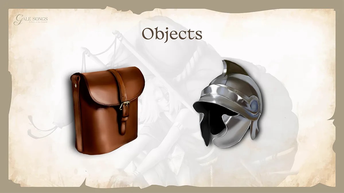 Hoja de objetos del proyecto Gale Songs con una bolsa de cuero y un casco metálico, de Tania Bermúdez, alumna de Ilustración y Animación 2D en TRAZOS