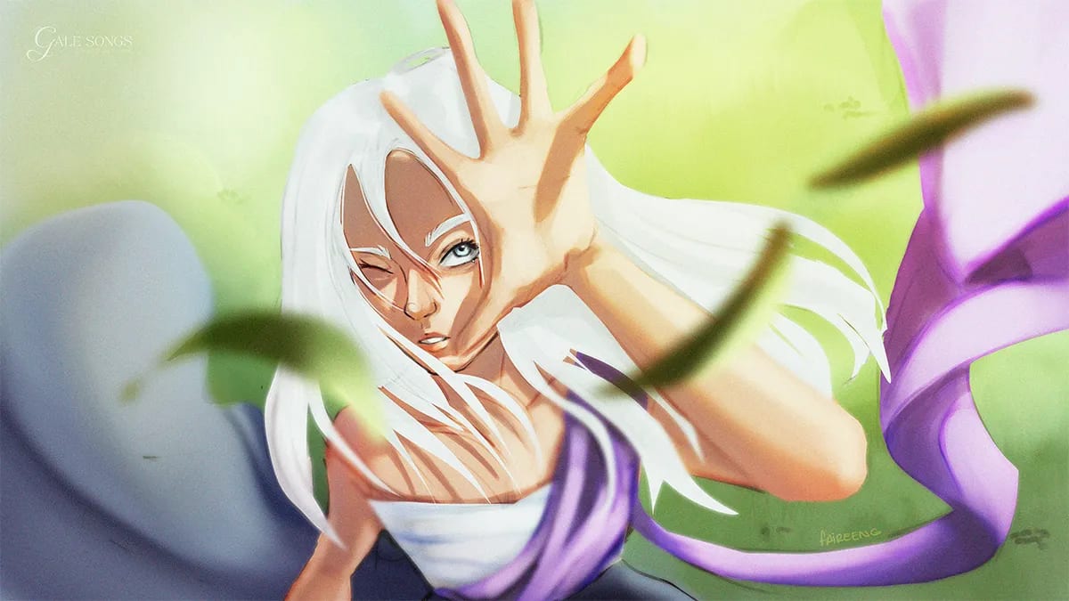 Key art panorámico del personaje Aina de pelo blanco extendiendo la mano hacia el espectador en un jardín soleado del proyecto Gale Songs, de Tania Bermúdez, alumna de Ilustración y Animación 2D en TRAZOS