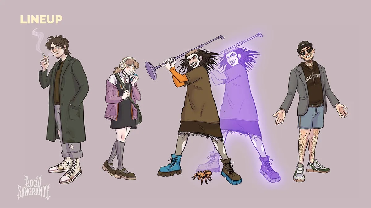 Lineup de los cuatro personajes principales del proyecto Rocío Sangrante, de Ilustración y Animación 2D en TRAZOS