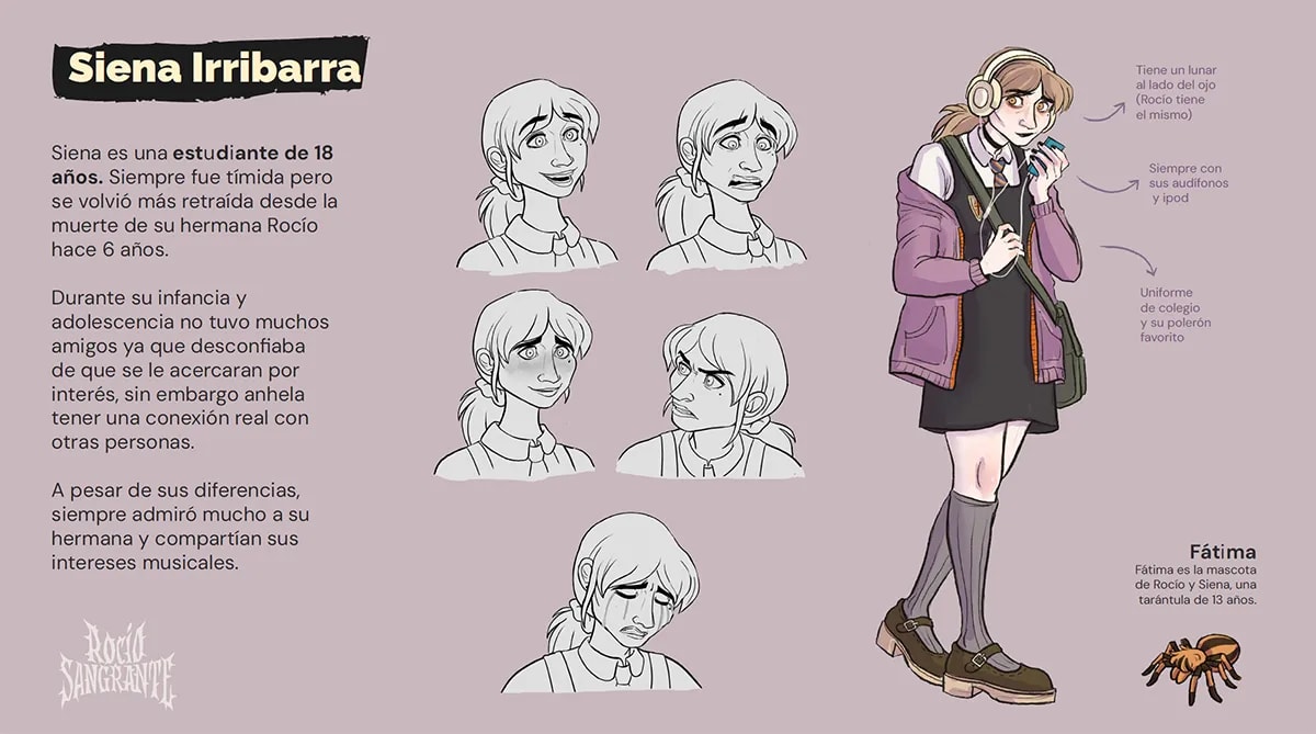 Hoja de diseño del personaje Siena Irribarra con expresiones y turnaround, del proyecto Rocío Sangrante, de Ilustración y Animación 2D en TRAZOS
