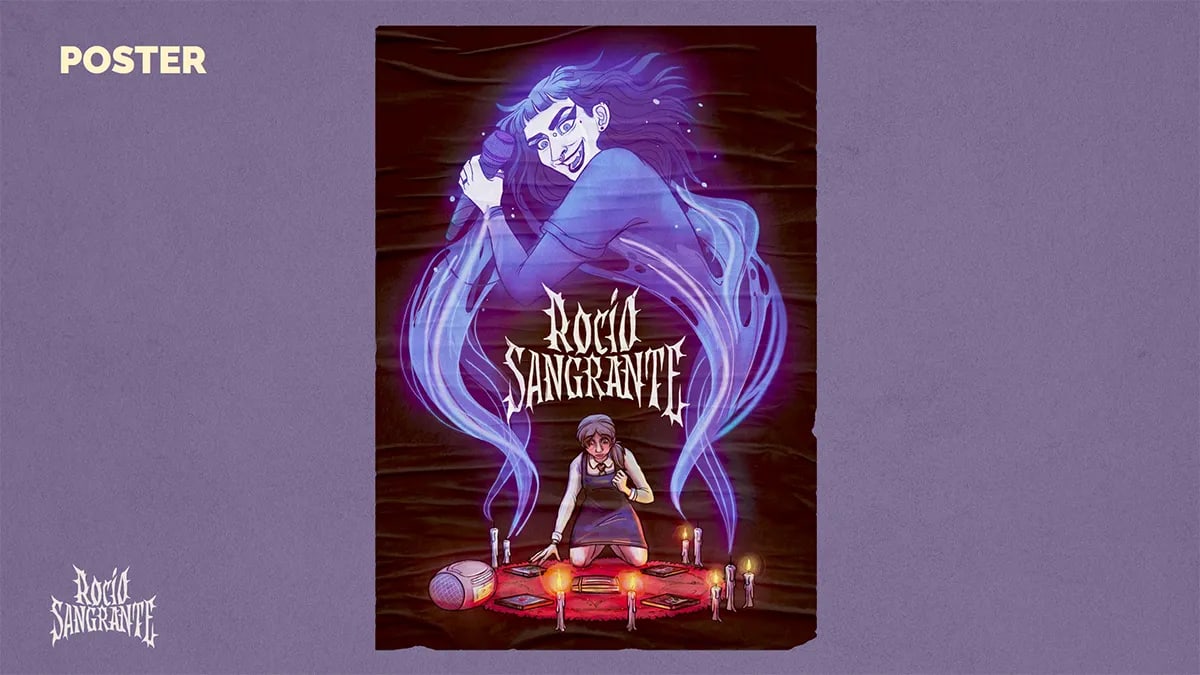 Poster del proyecto Rocío Sangrante con el fantasma invocado sobre una sesion de espiritismo, de Ilustración y Animación 2D en TRAZOS