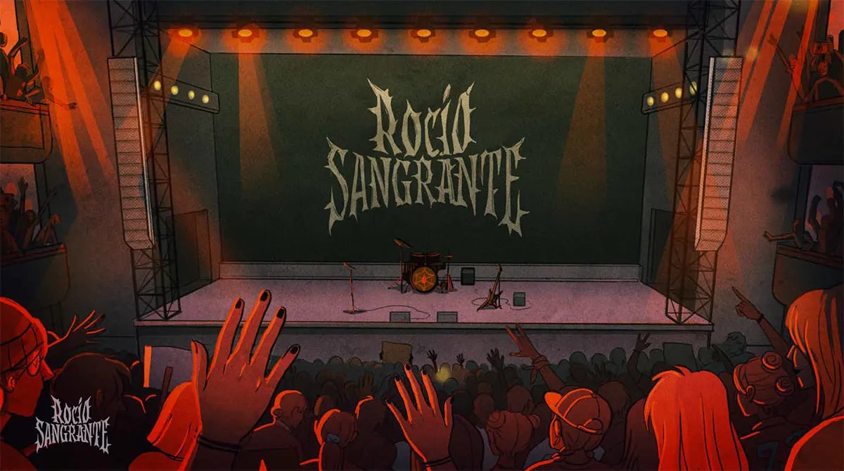 Ilustración de un escenario de concierto con el logo de la banda Rocío Sangrante y el publico, de Ilustración y Animación 2D en TRAZOS