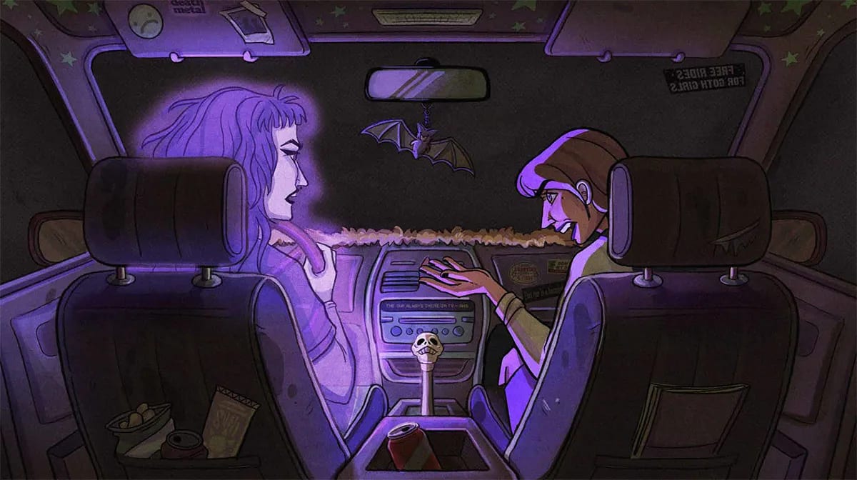Escena nocturna del fantasma Rocío y un personaje dentro de un coche, del proyecto Rocío Sangrante, de Ilustración y Animación 2D en TRAZOS