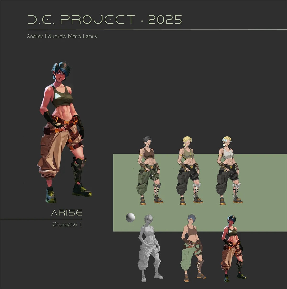 Lámina del proyecto DC Project 2025 con el personaje Arise, una chica con peto y top, y pruebas de color, de Andrés Mata Lemus, alumno de Ilustración y Animación 2D en TRAZOS