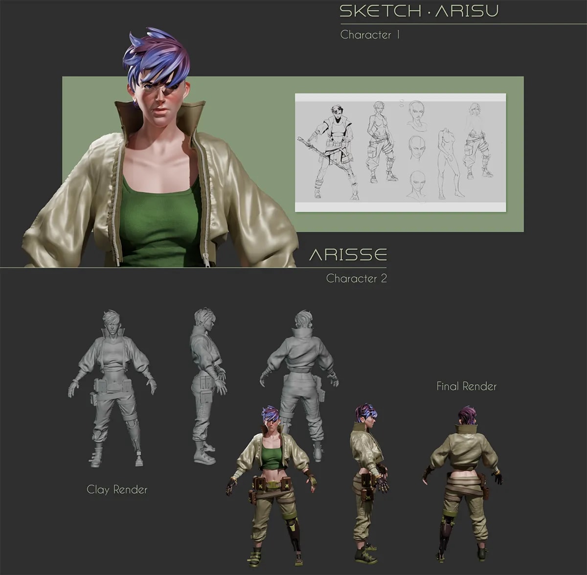 Lámina con sketch y render 3D del personaje Arisse con chaqueta dorada y pelo azul, clay y render final, de Andrés Mata Lemus, alumno de Ilustración y Animación 2D en TRAZOS