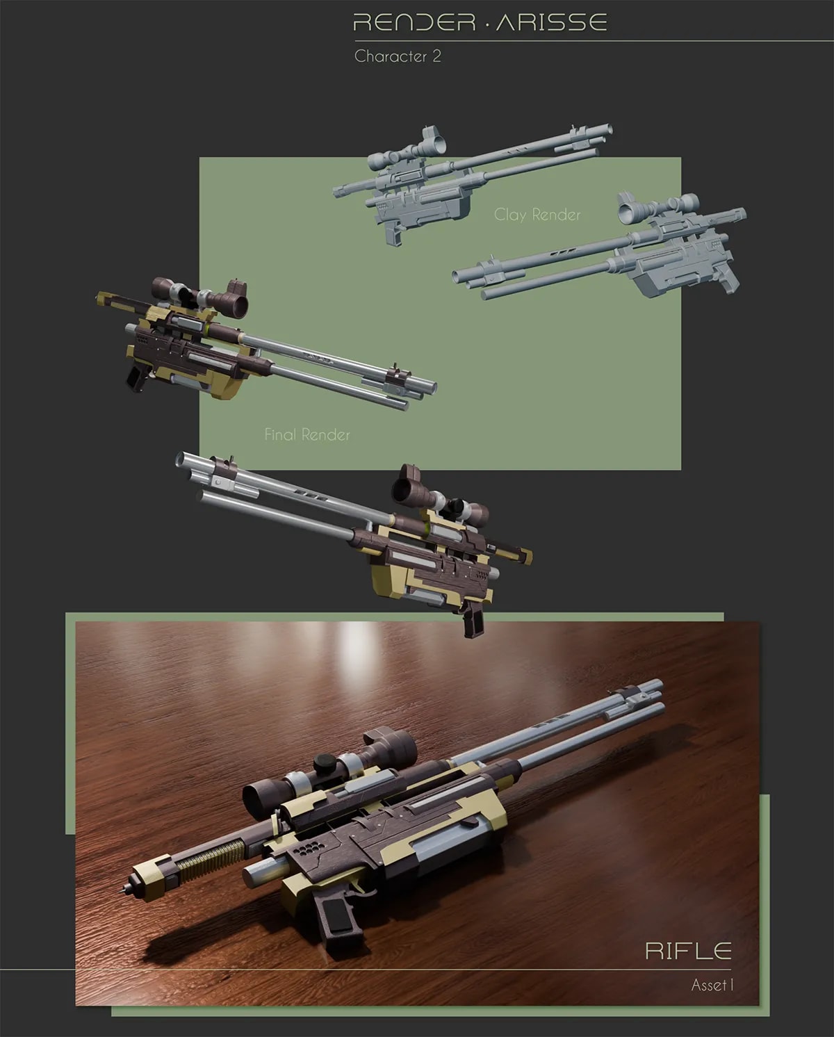 Lámina de modelado 3D de un rifle de francotirador con clay render y render final del arma, de Andrés Mata Lemus, alumno de Ilustración y Animación 2D en TRAZOS