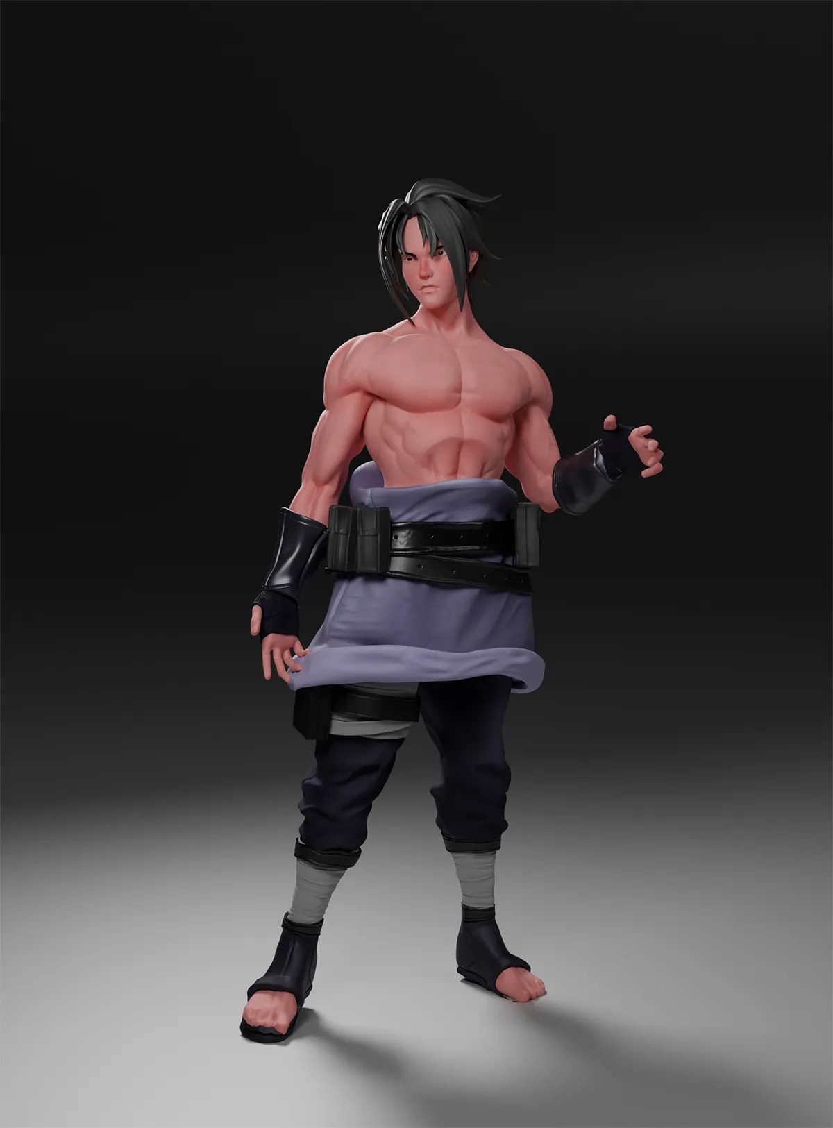 Render 3D de un personaje ninja musculoso con coleta, faja morada y vendas en las piernas, de Andrés Mata Lemus, alumno de Ilustración y Animación 2D en TRAZOS