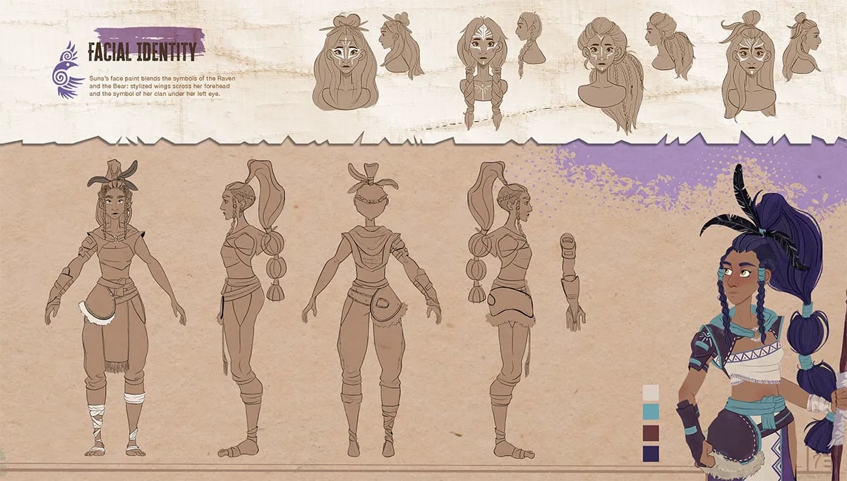 Dos stickers ilustrados con expresiones de Suna, una guerrera tribal de pelo morado con pintura facial, de Danae Espejo Fraile, alumna de Ilustración y Animación 2D en TRAZOS