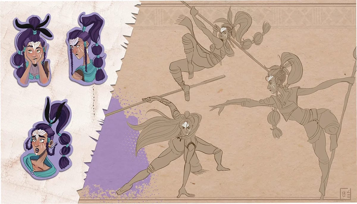 Lámina de identidad facial y turn around de la guerrera tribal Suna con paleta de color, de Danae Espejo Fraile, alumna de Ilustración y Animación 2D en TRAZOS