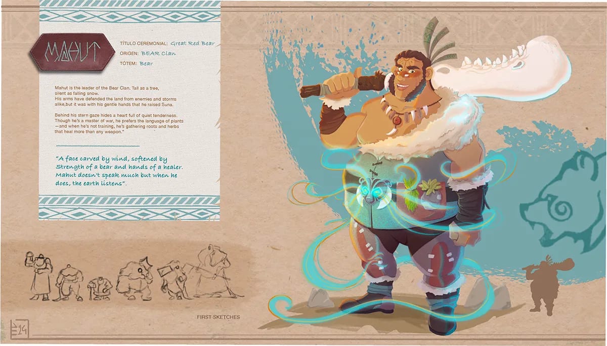 Render 3D de la guerrera tribal Suna en pose dinámica con lanza, modelado en dos vistas, de Danae Espejo Fraile, alumna de Ilustración y Animación 2D en TRAZOS