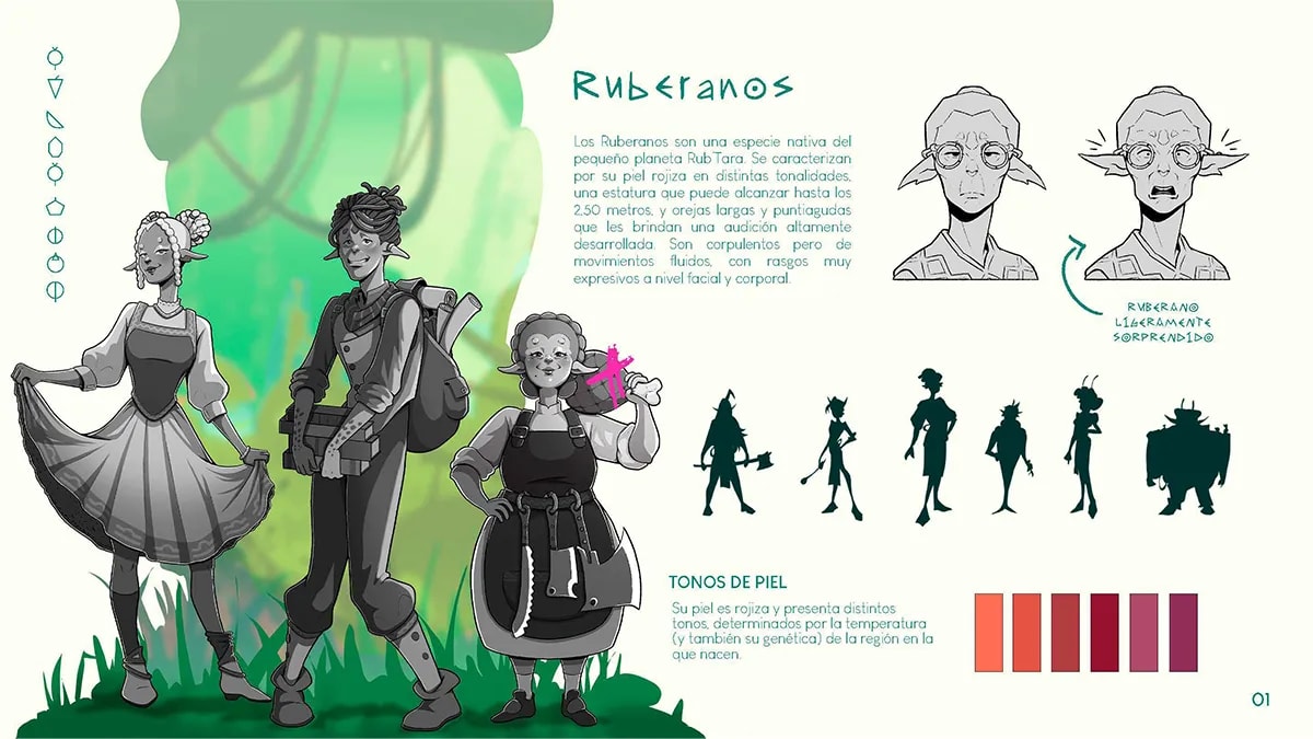 Ficha de la especie Ruberanos con descripción, tonos de piel y siluetas de personajes, de Alisse Ayzanoa, alumna de Ilustración y Animación 2D en TRAZOS