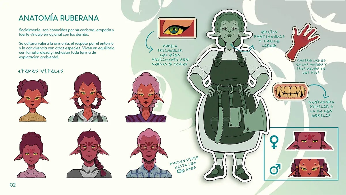 Lámina de anatomía ruberana con etapas vitales, ojos, orejas y dentadura de la especie, de Alisse Ayzanoa, alumna de Ilustración y Animación 2D en TRAZOS