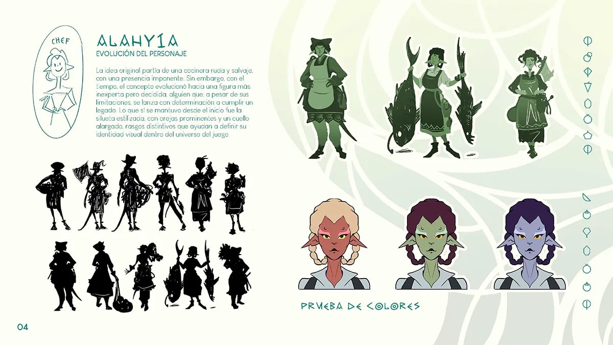 Lámina de evolución del personaje Alahyia con siluetas y pruebas de color de la cocinera, de Alisse Ayzanoa, alumna de Ilustración y Animación 2D en TRAZOS