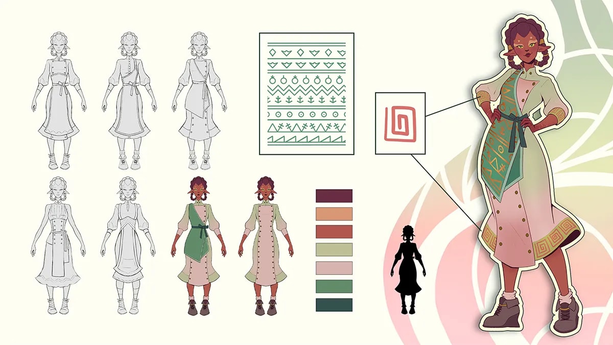 Lámina de diseño de vestuario de una ruberana con bocetos, patrones y paleta de color, de Alisse Ayzanoa, alumna de Ilustración y Animación 2D en TRAZOS