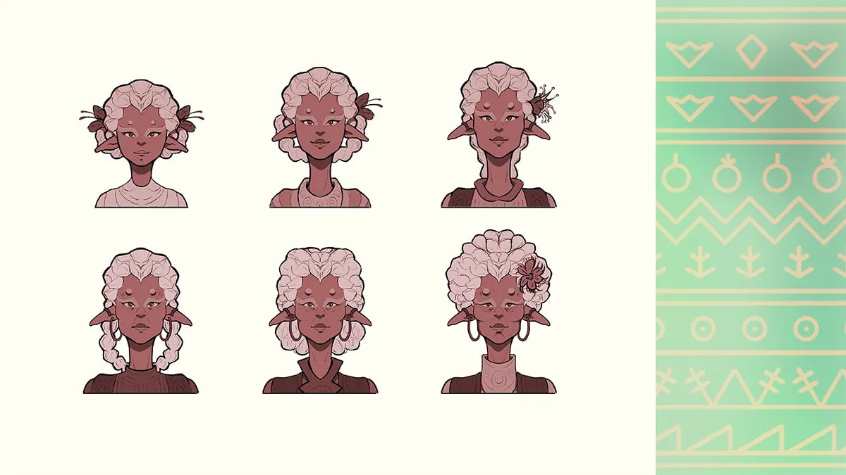 Lámina de expresiones faciales y peinados de una ruberana con patrón decorativo, de Alisse Ayzanoa, alumna de Ilustración y Animación 2D en TRAZOS