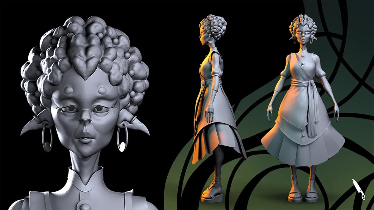 Render de modelado 3D de una ruberana con vistas frontal y de perfil sobre fondo oscuro, de Alisse Ayzanoa, alumna de Ilustración y Animación 2D en TRAZOS