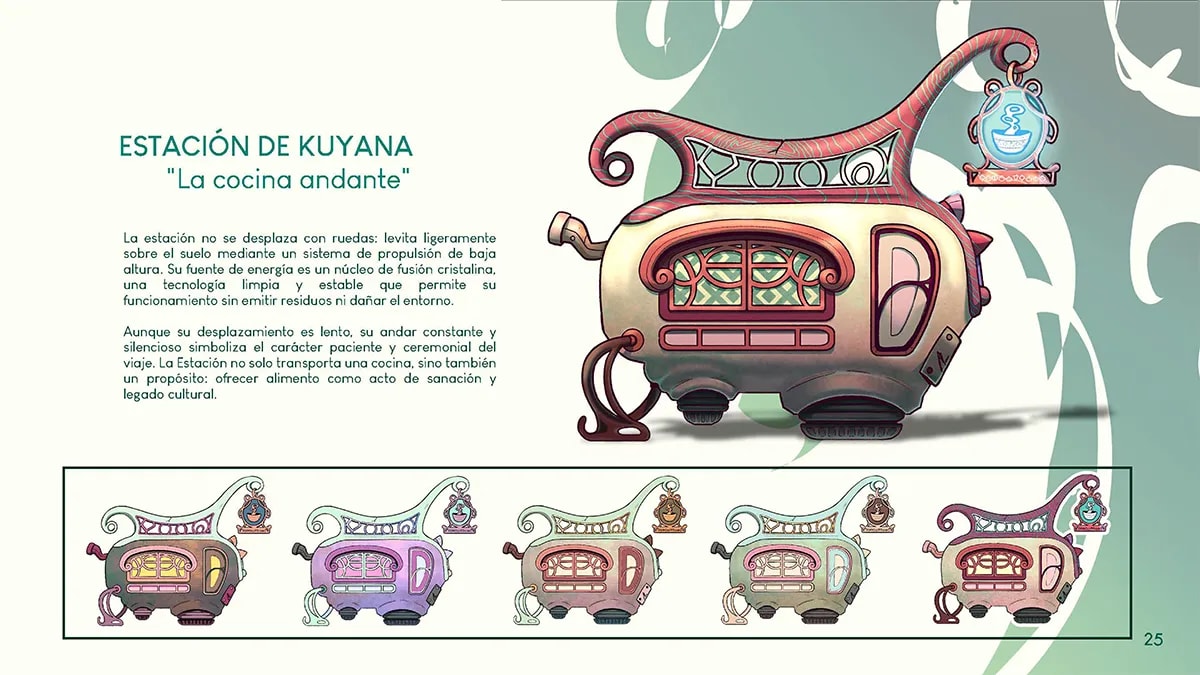 Diseño de la Estación de Kuyana, una cocina andante levitante con pruebas de color, de Alisse Ayzanoa, alumna de Ilustración y Animación 2D en TRAZOS
