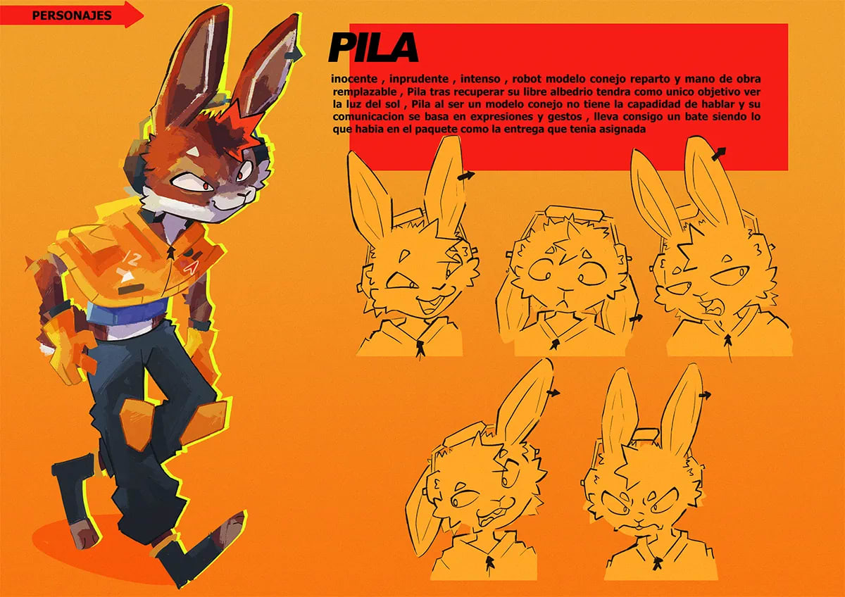 Hoja de diseño del personaje conejo robot Pila con turnaround y expresiones, de Joel Toapanta, alumno de Ilustración y Animación 2D en TRAZOS