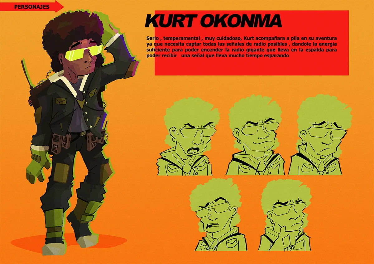 Hoja de diseño del personaje Kurt Okonma con radio a la espalda y expresiones, de Joel Toapanta, alumno de Ilustración y Animación 2D en TRAZOS