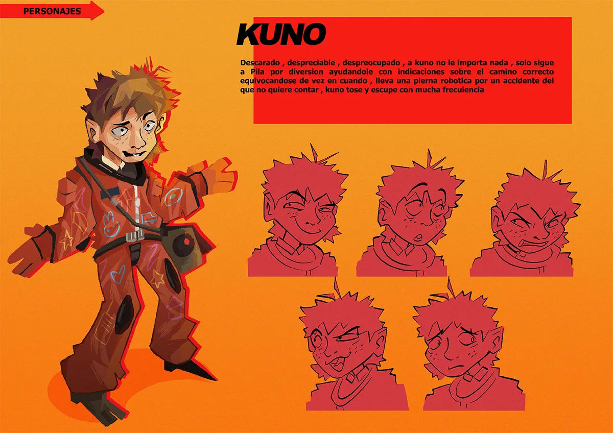 Hoja de diseño del personaje Kuno con turnaround y expresiones en tono rojo, de Joel Toapanta, alumno de Ilustración y Animación 2D en TRAZOS